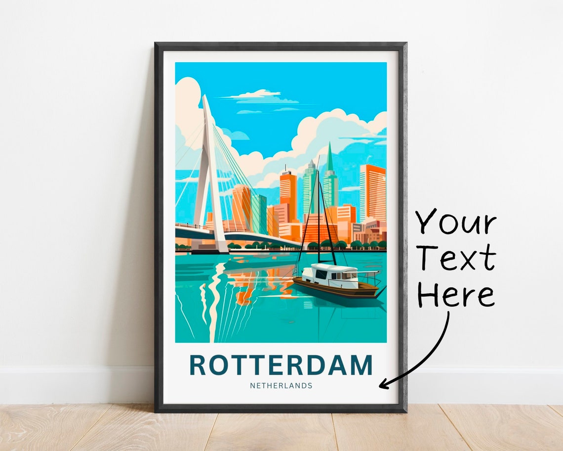 Rotterdam Netherlands Erasmus Bridge Harbor Skyline Travel Poster