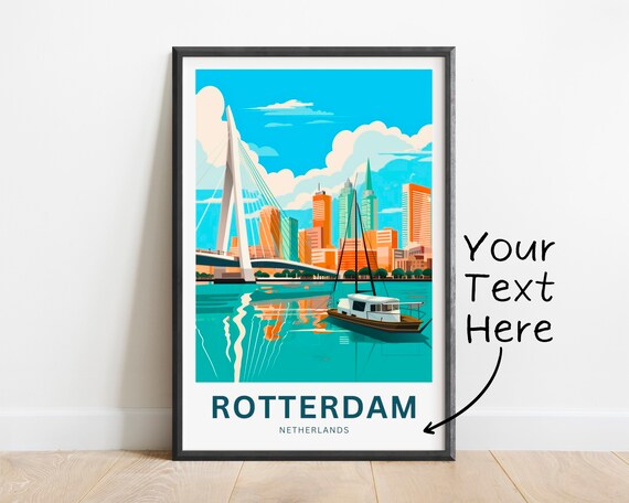 Rotterdam Netherlands Erasmus Bridge Harbor Skyline Travel Poster