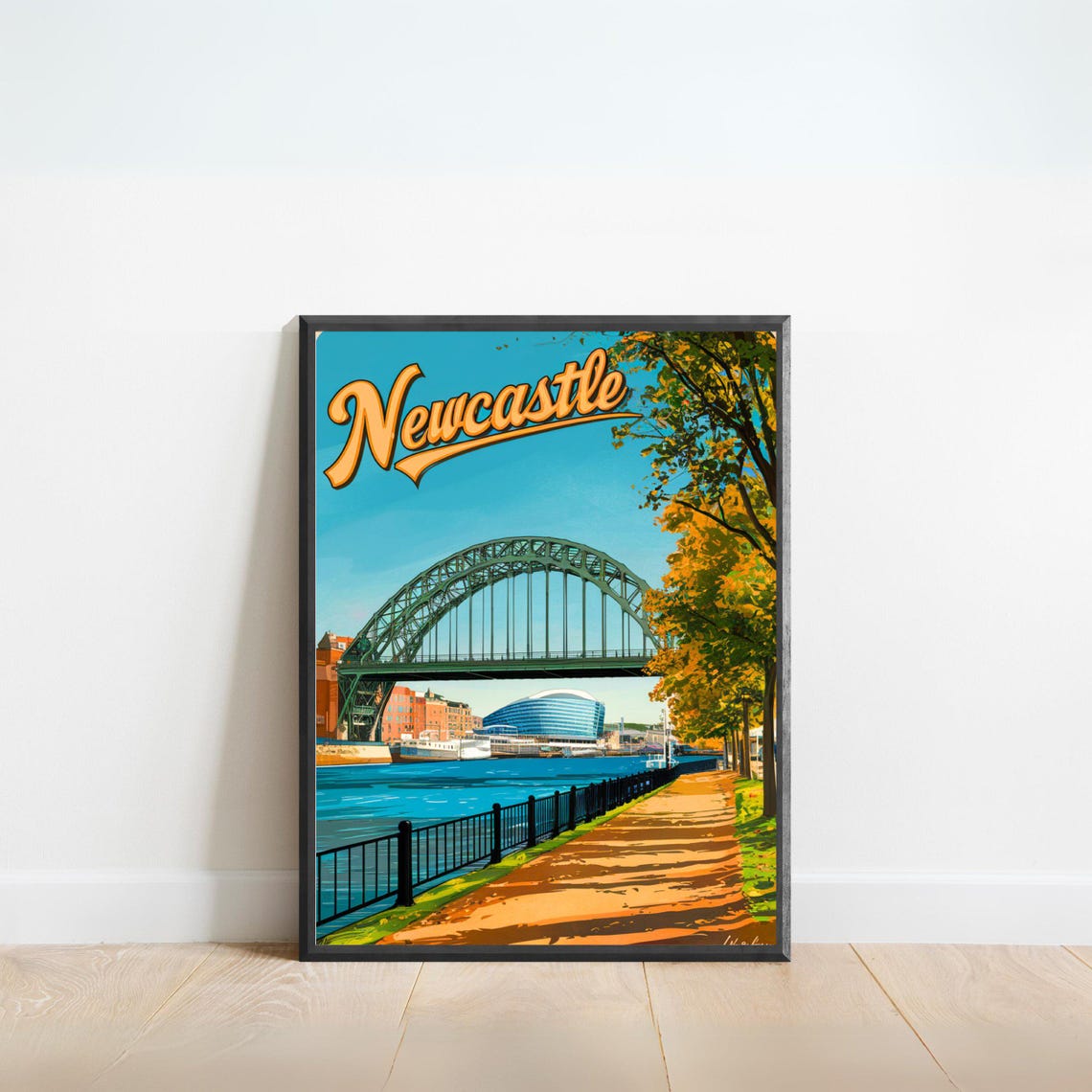Newcastle Tyne Bridge Quayside Autumn River View Vintage Travel Poster