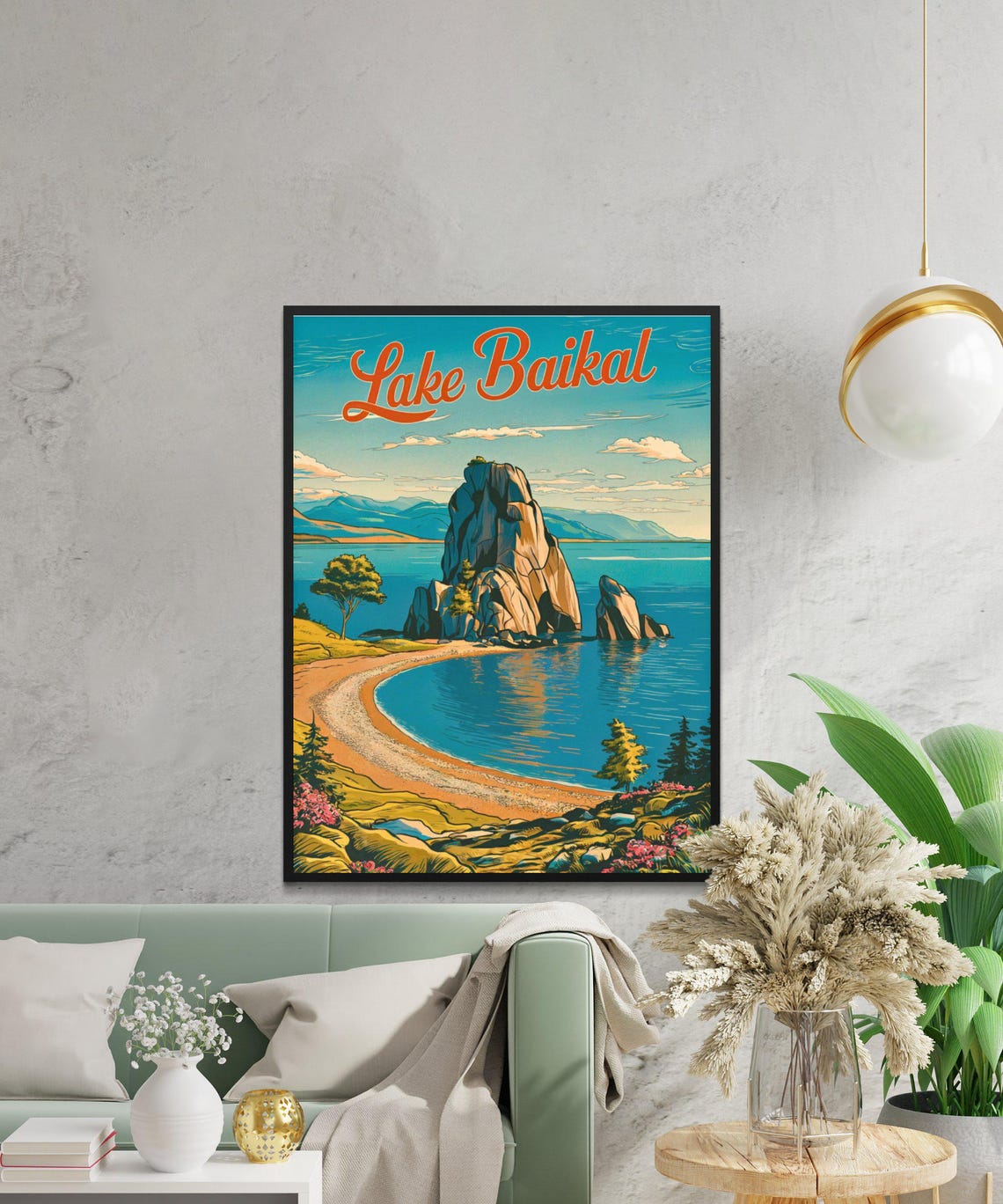 Lake Baikal Vintage Poster with Rocky Island in Blue Bay Art - Image 3