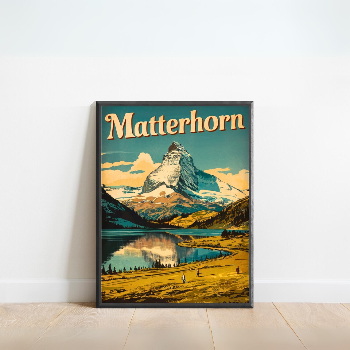 Matterhorn Golden Meadow Lake Reflection Alpine Hikers Vintage Poster