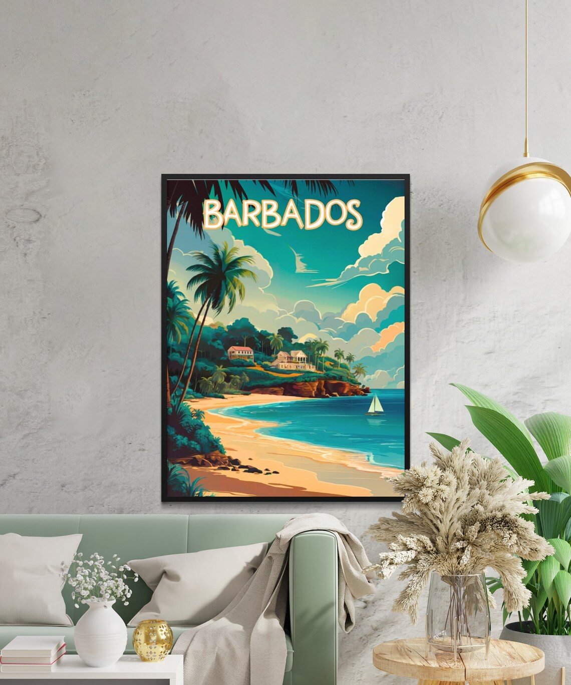 Barbados Caribbean Beach Palm Trees Sailboat Vintage Travel Poster - Image 2
