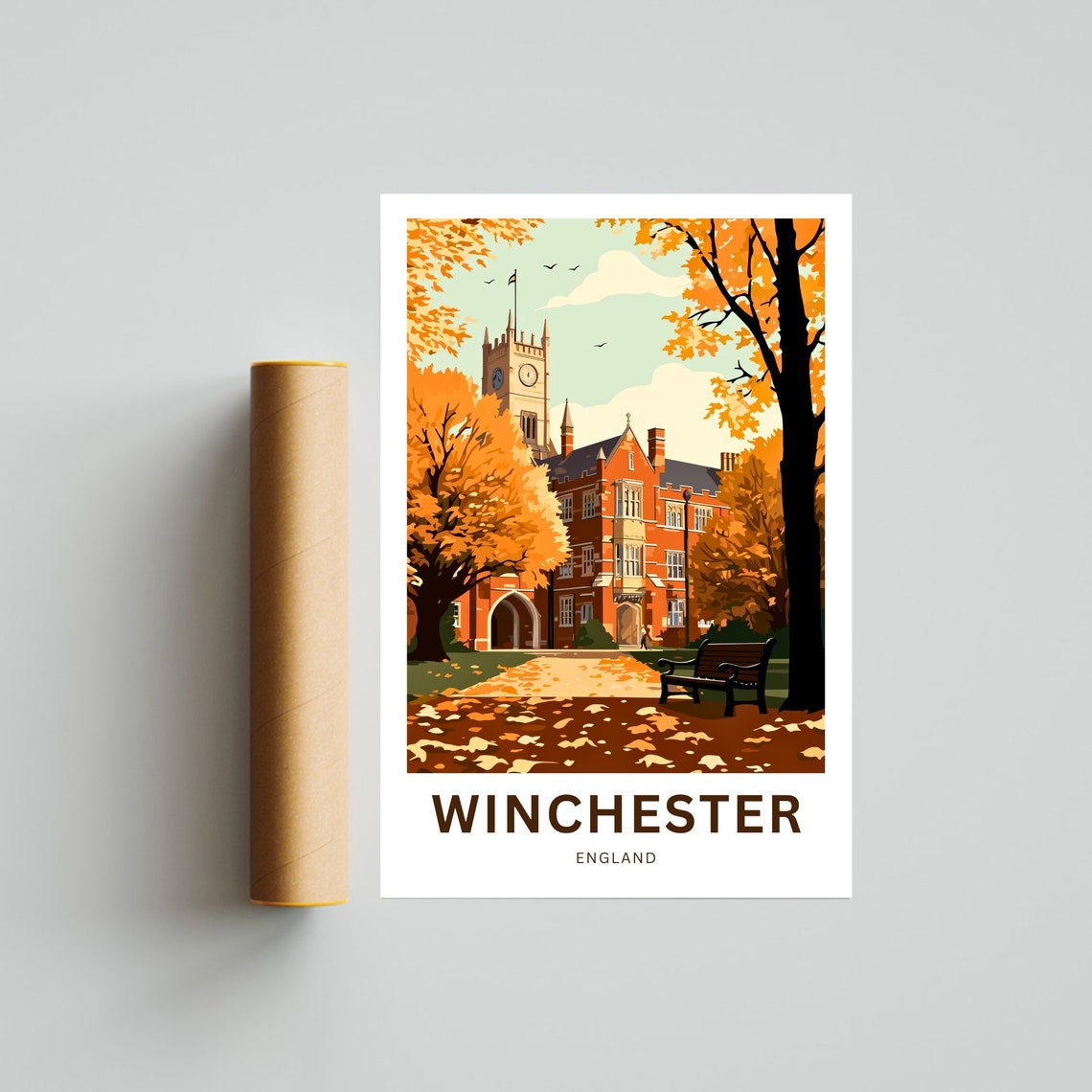 Winchester England Autumn Red Brick Clock Tower Campus Poster - Image 4