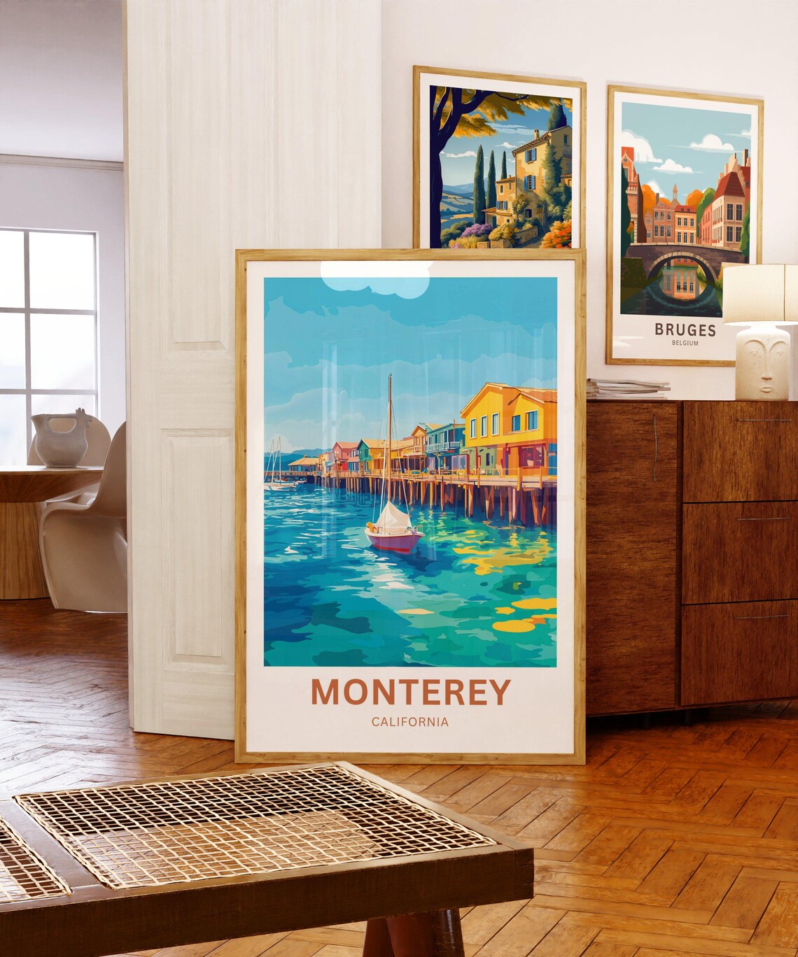 Monterey California Waterfront Sailboats Colorful Pier Houses Poster - Image 5