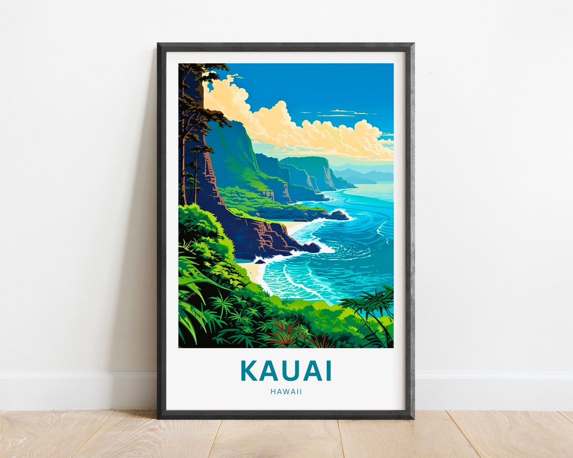 Kauai Hawaii Dramatic Sea Cliffs Jungle Coast Travel Poster Art