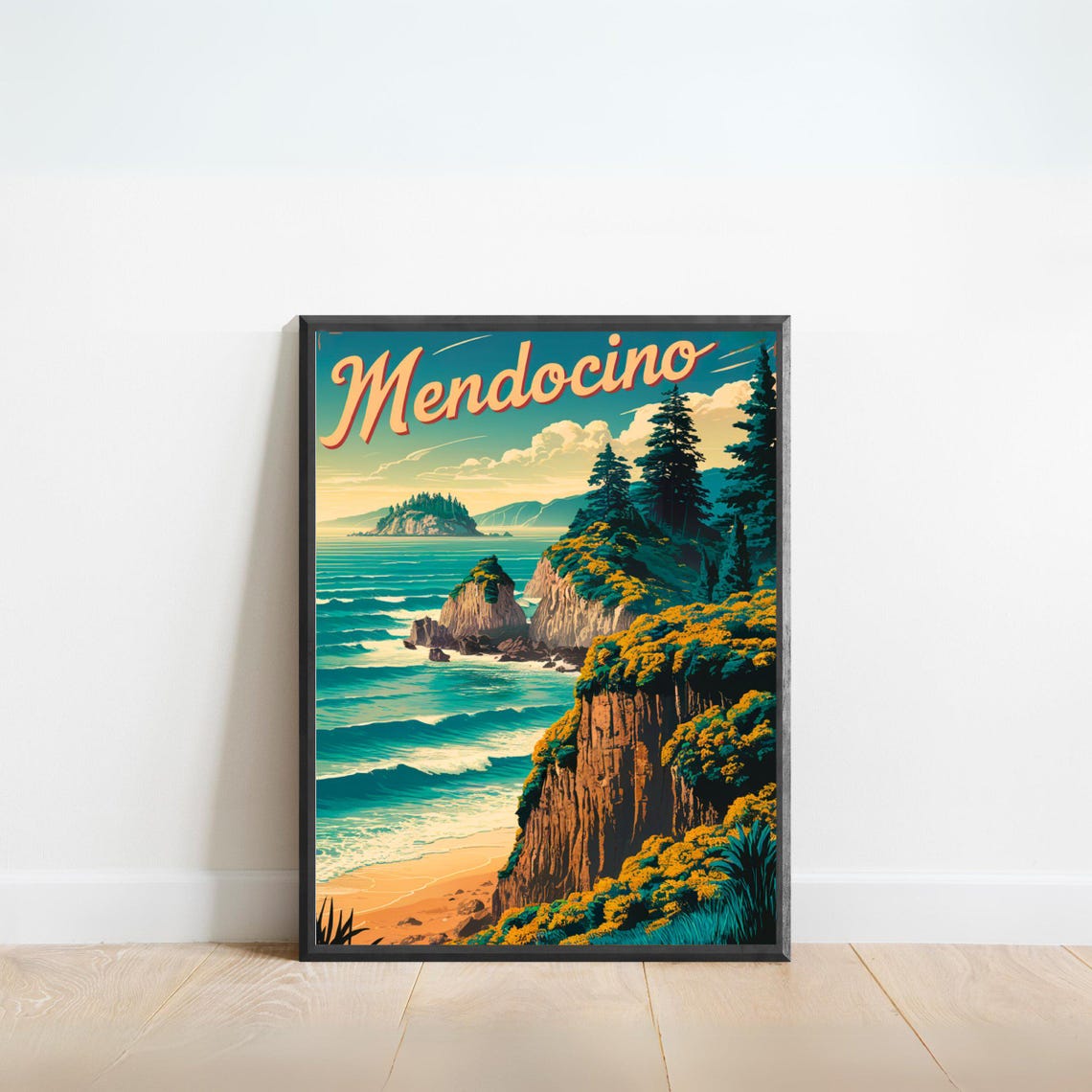 Mendocino Vintage Sea Cliffs Pine Forest Ocean View Travel Poster