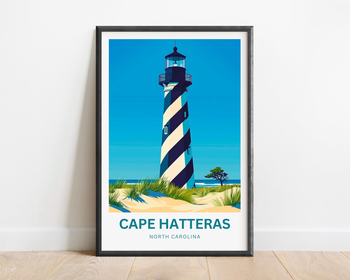 Cape Hatteras North Carolina Striped Lighthouse Blue Sky Travel Poster