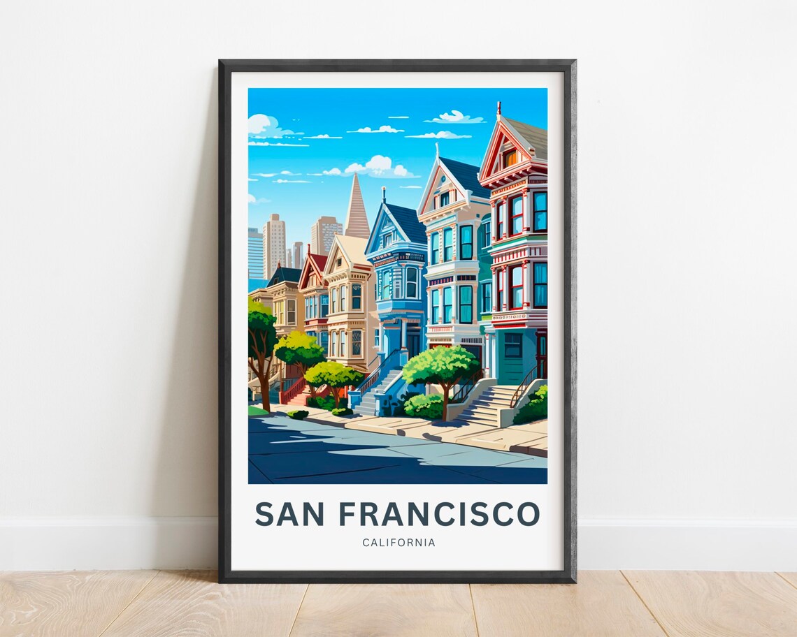 San Francisco Painted Ladies Downtown Skyline Vintage Travel Poster