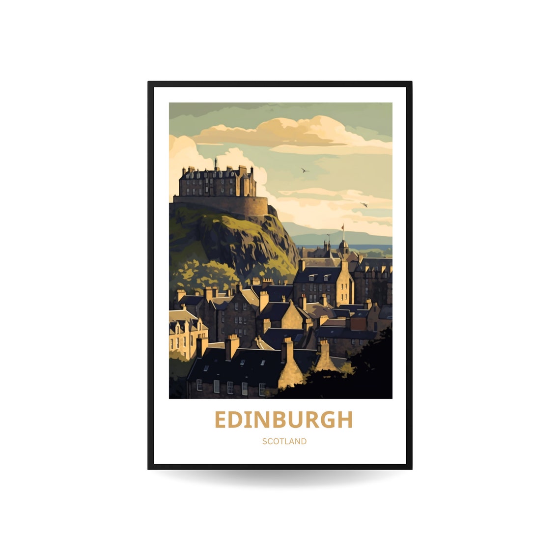 Edinburgh Scotland Travel Poster Castle Rock Old Town Rooftops View