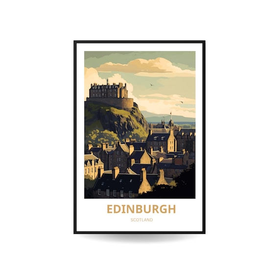Edinburgh Scotland Travel Poster Castle Rock Old Town Rooftops View
