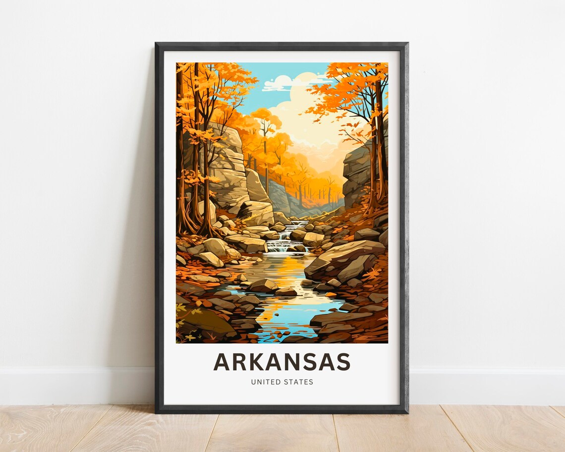 Arkansas Autumn Stream Golden Foliage Rocky Nature Travel Poster