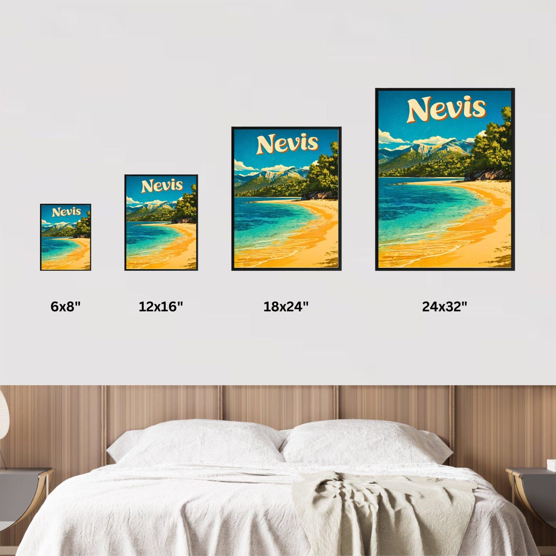 Vintage Nevis Caribbean Golden Cove Beach Mountain Travel Poster - Image 4