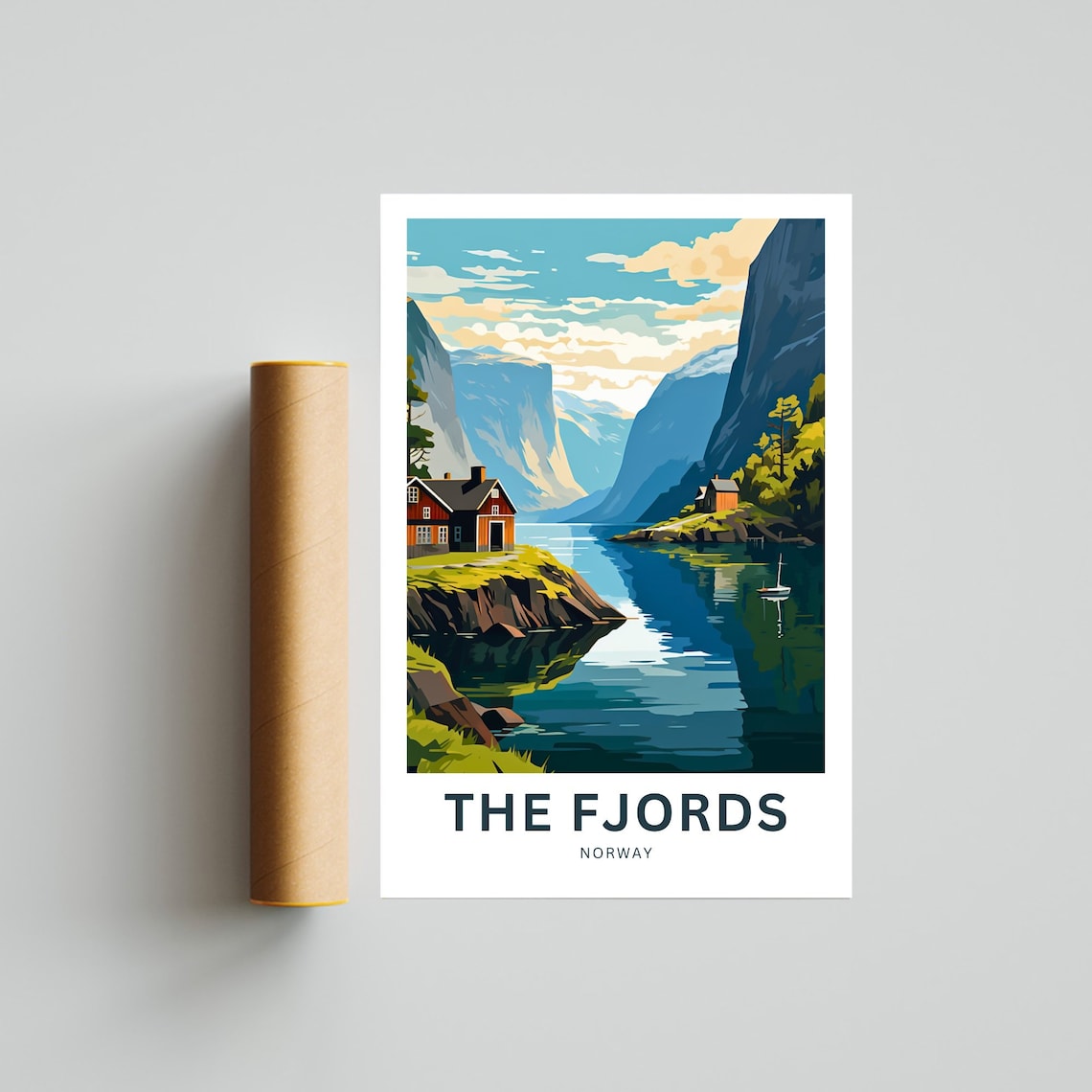 The Fjords Norway Red Cabins Shoreline Still Water Travel Poster - Image 4
