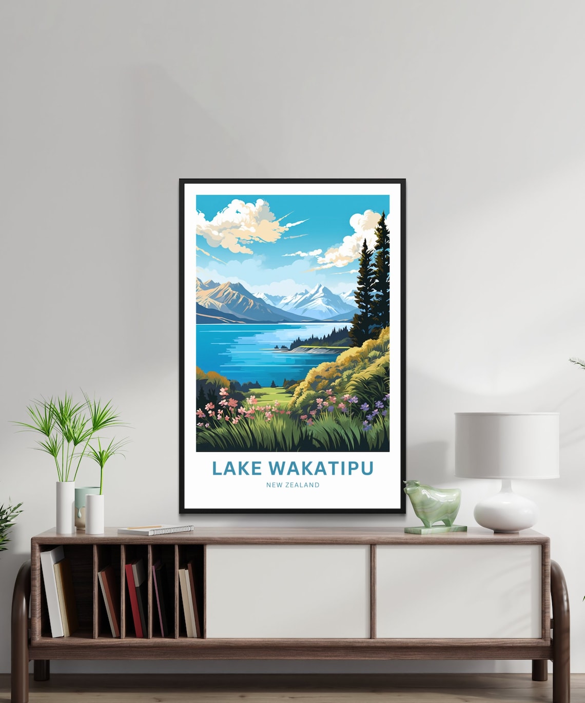 Lake Wakatipu New Zealand Meadow Vista with Wildflowers Poster - Image 3