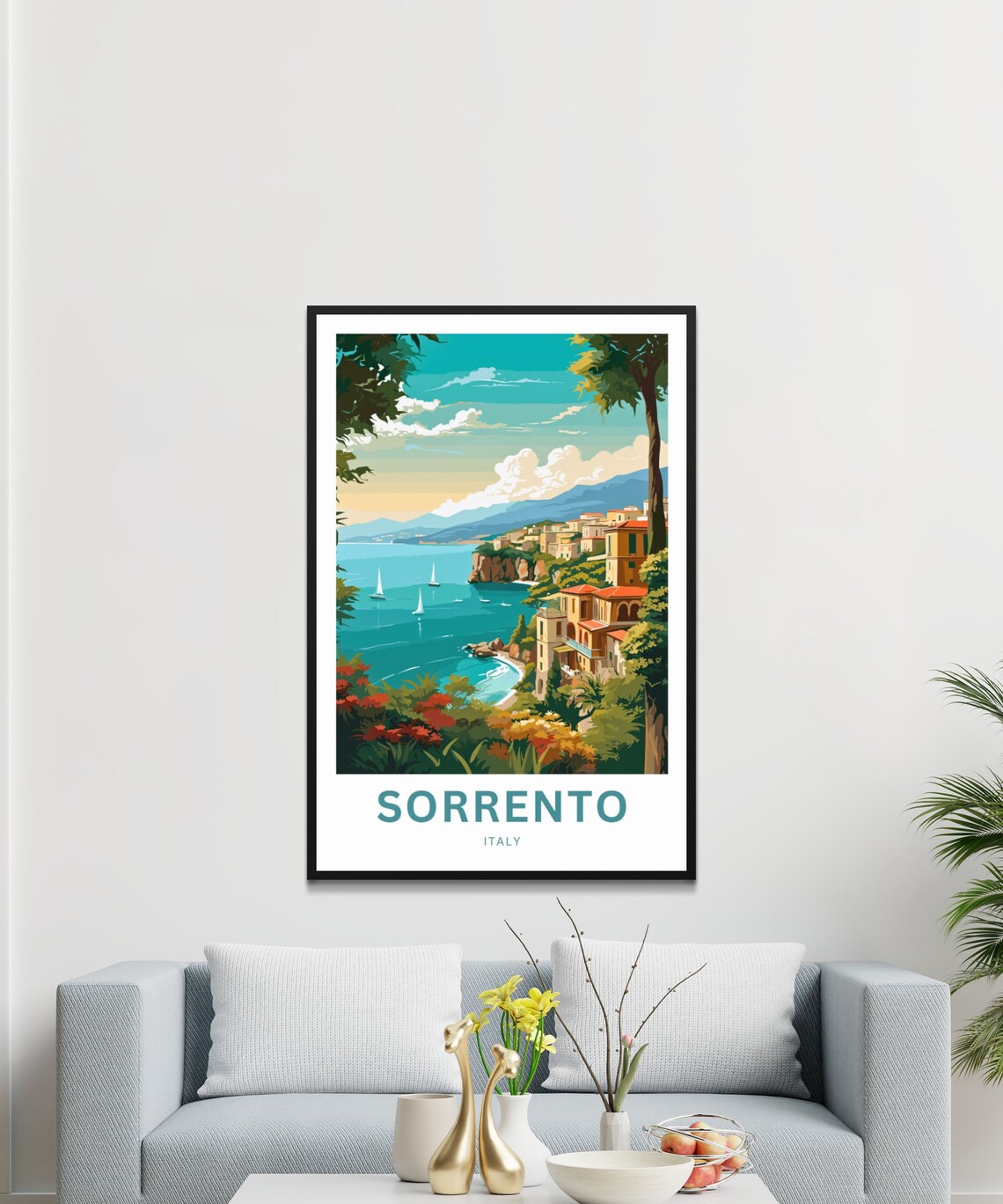 Sorrento Italy Cliffside Town Sailboats Custom Text Art Poster - Image 3