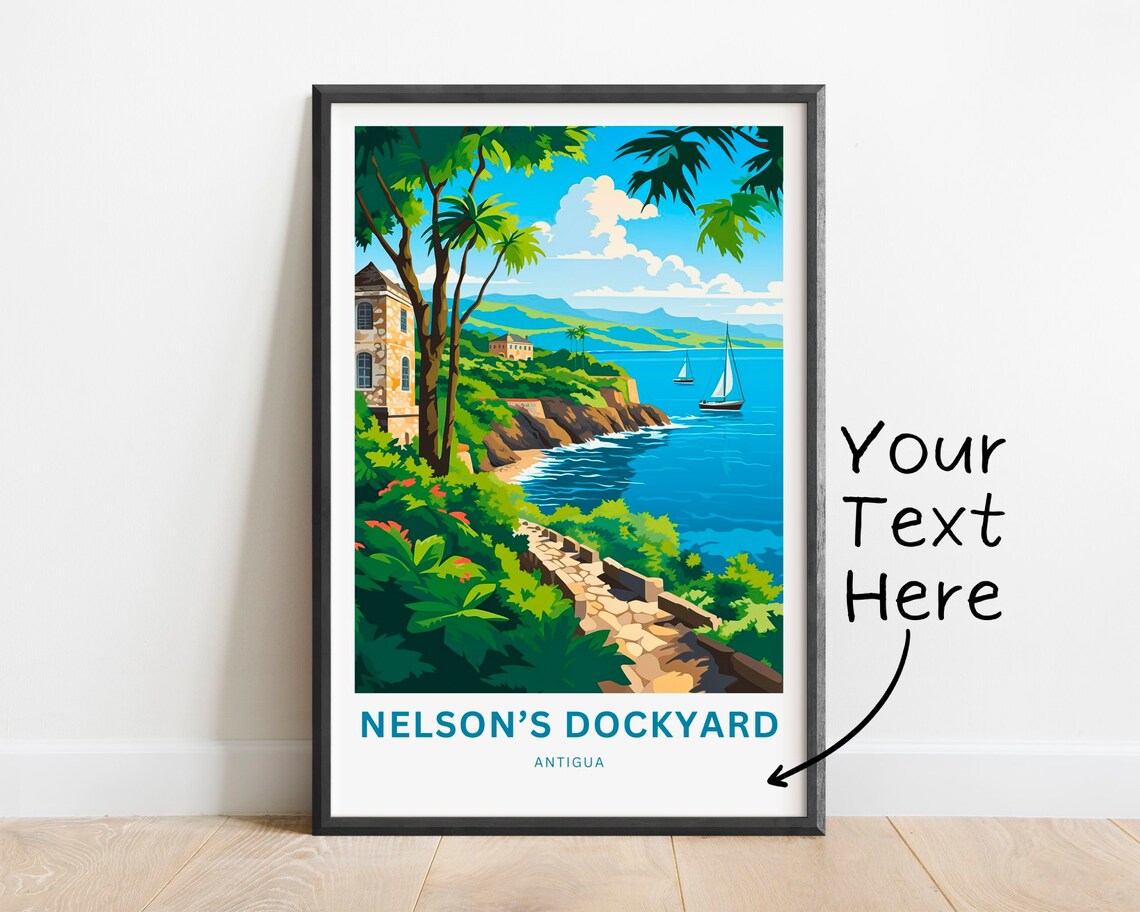 Personalized Nelson's Dockyard Antigua Travel Poster Sailboat Coast Custom Text
