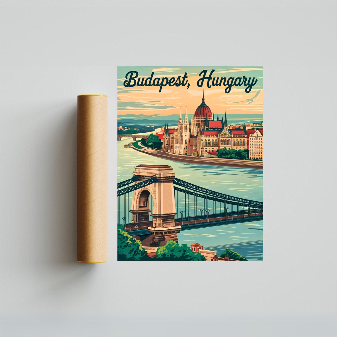 Budapest Hungary Chain Bridge Parliament Vintage Travel Poster - Image 3