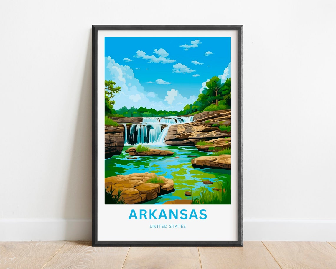 Arkansas Waterfall Rock Ledges Green Pool Forest Scene Travel Poster