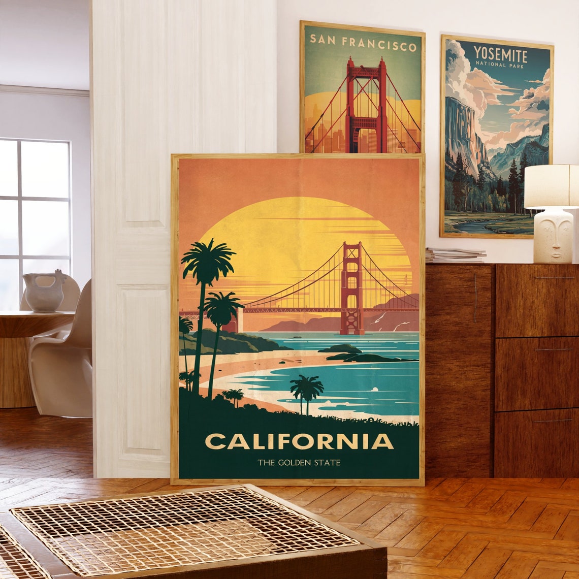 California Golden Gate Bridge Sunset Palm Trees Travel Poster - Image 5