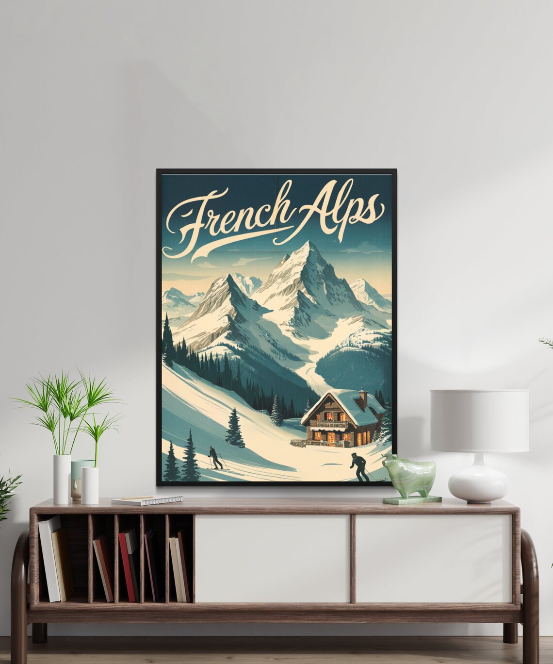 French Alps Vintage Travel Poster with Ski Chalet and Snowcapped Peaks - Image 3