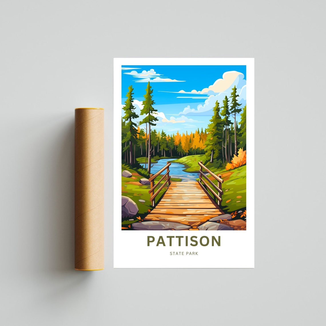 Pattison State Park Wooden Bridge Pine Forest Fall Travel Poster - Image 4
