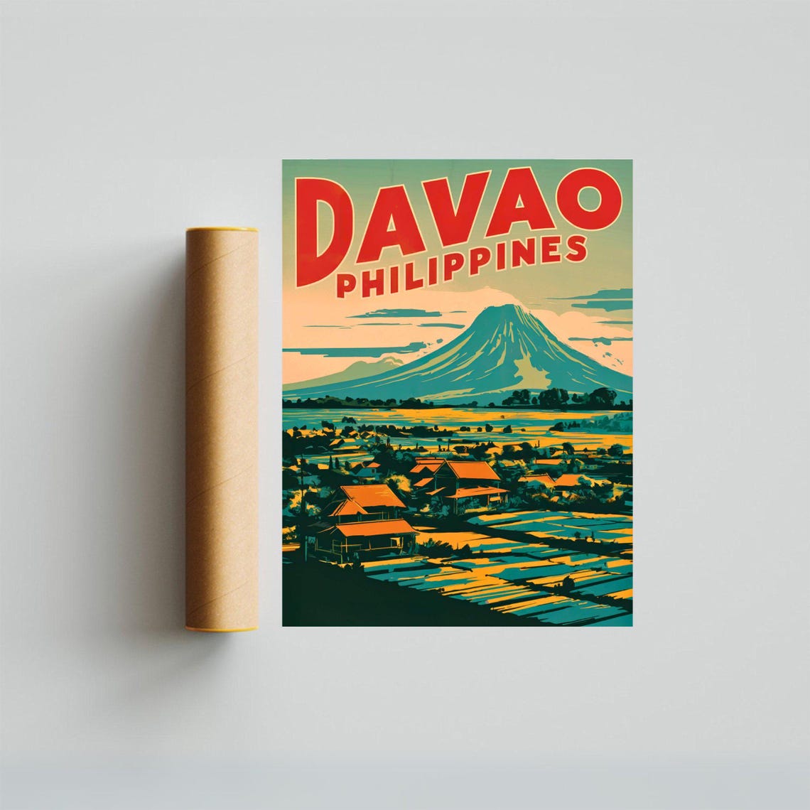 Davao Philippines Vintage Retro Volcano Rice Paddy Sunset Poster - Image 4