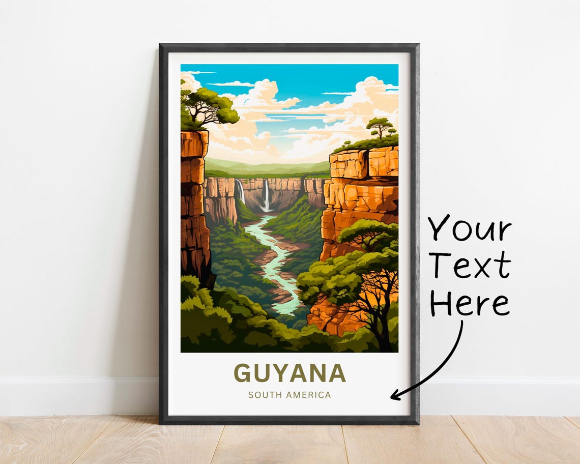 Personalized Guyana Canyon Waterfall Custom Text Travel Poster