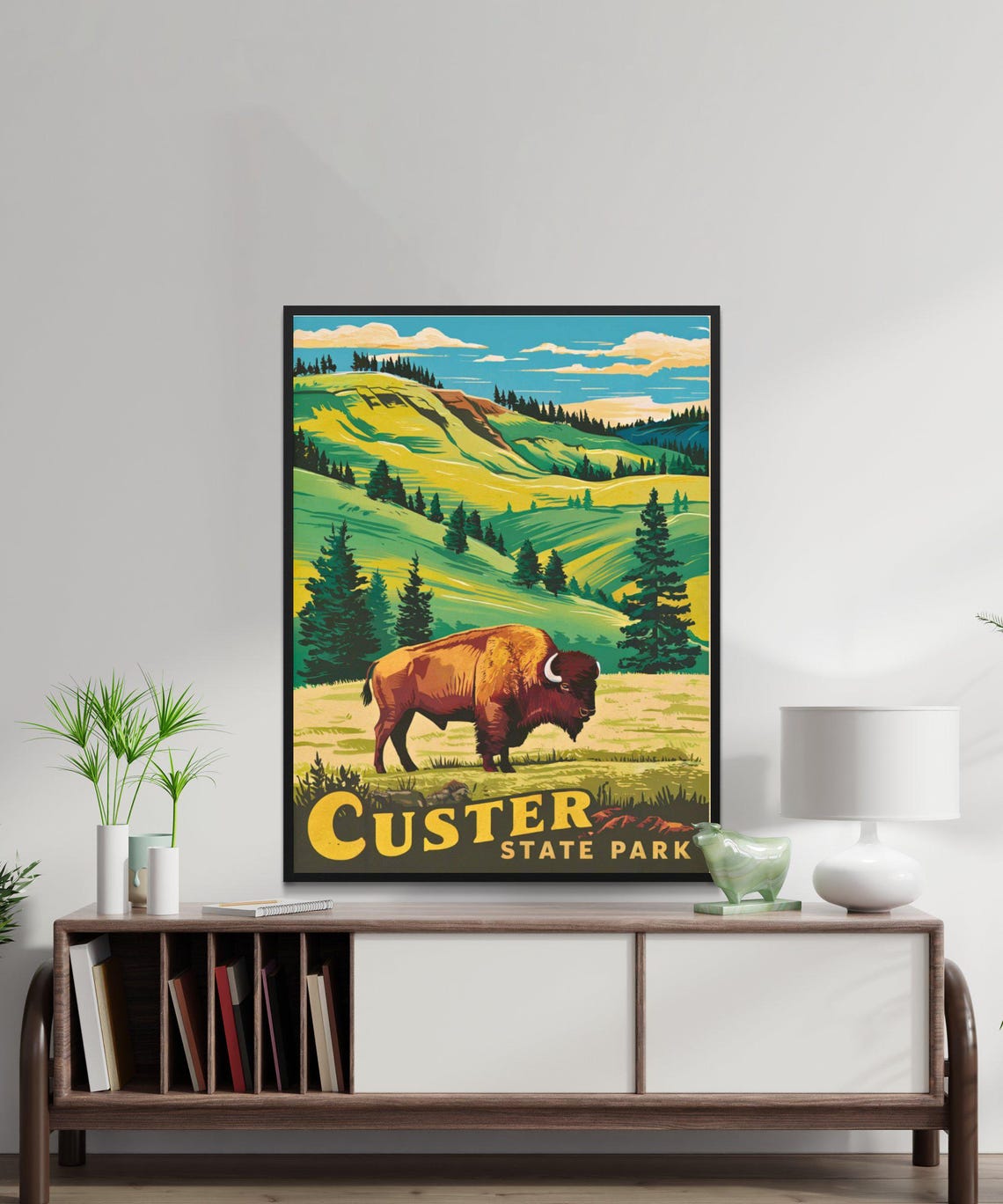Custer State Park Vintage Wildlife Poster Bison Rolling Green Hills - Image 3