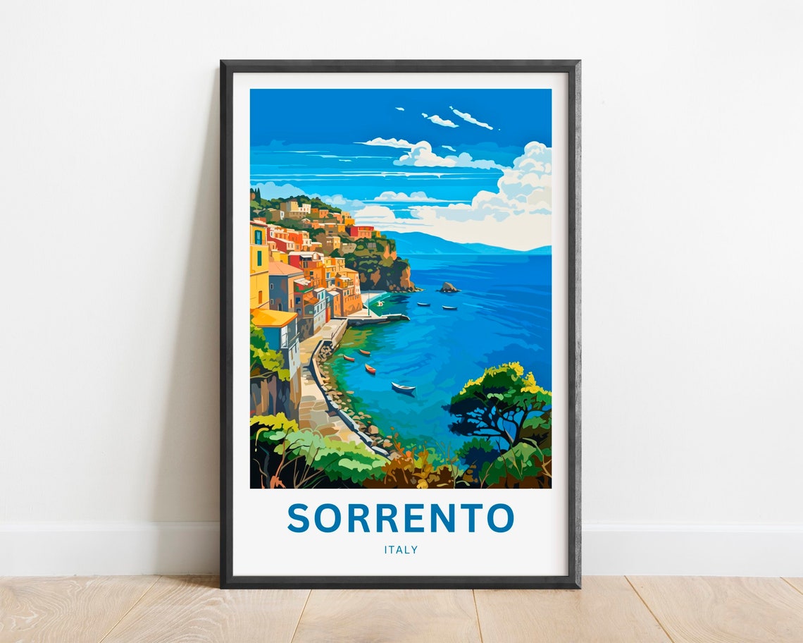 Sorrento Italy Boats Harbor View Blue Sky Sunny Retro Poster