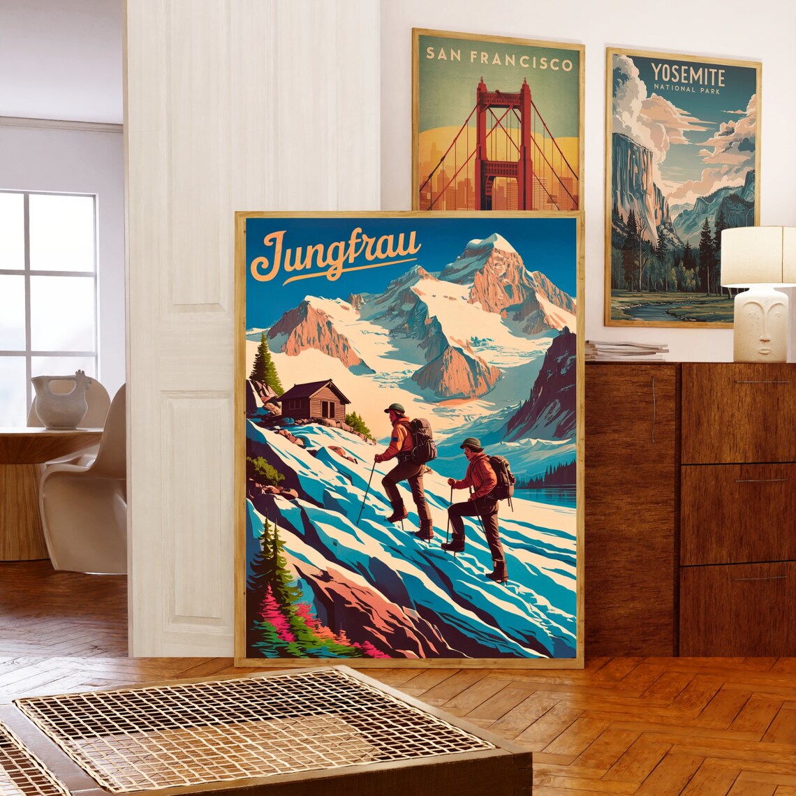 Jungfrau Switzerland Vintage Hikers Snowy Alps Travel Poster - Image 5