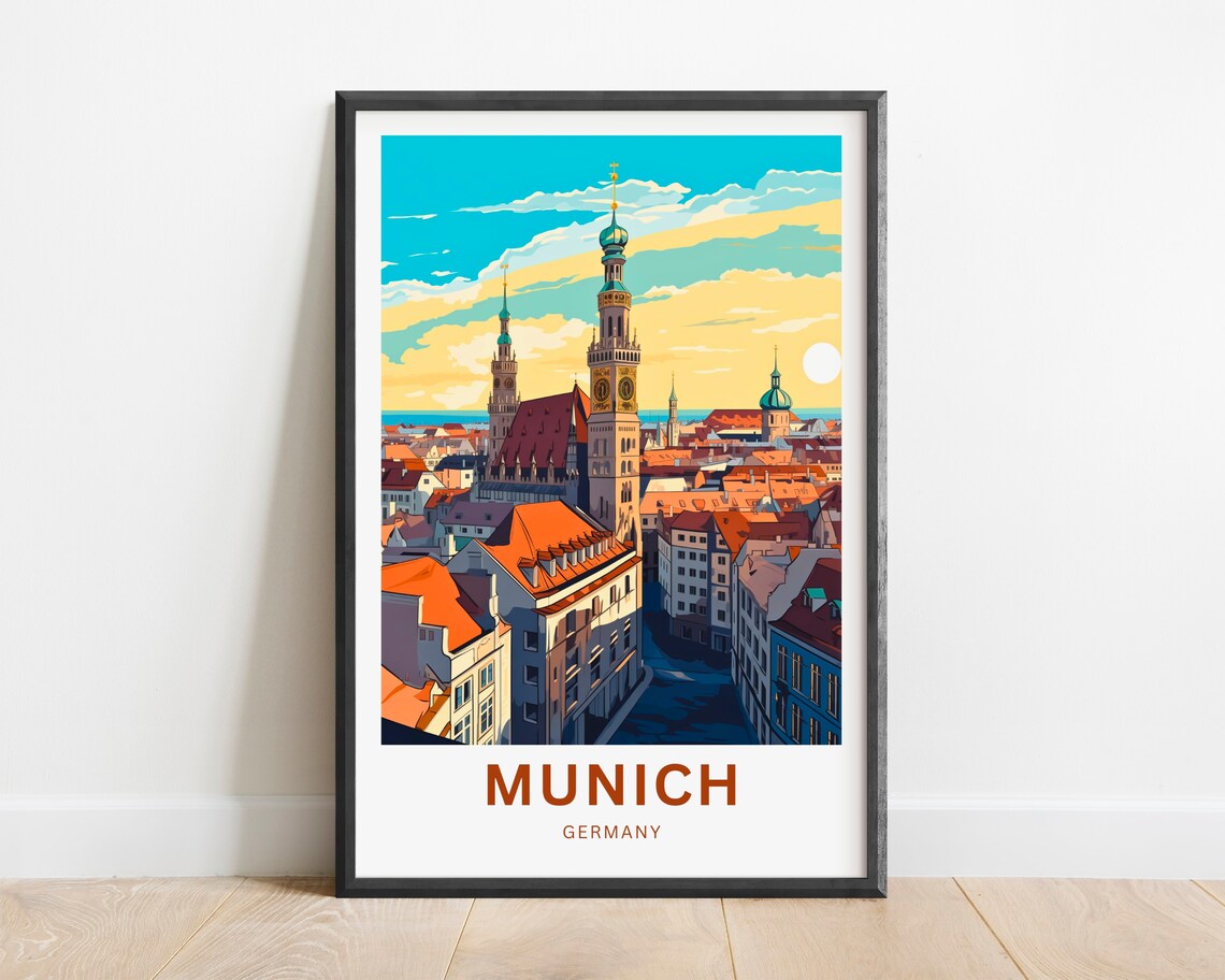 Munich Germany Historic Town Hall Street Scene Retro Art Poster