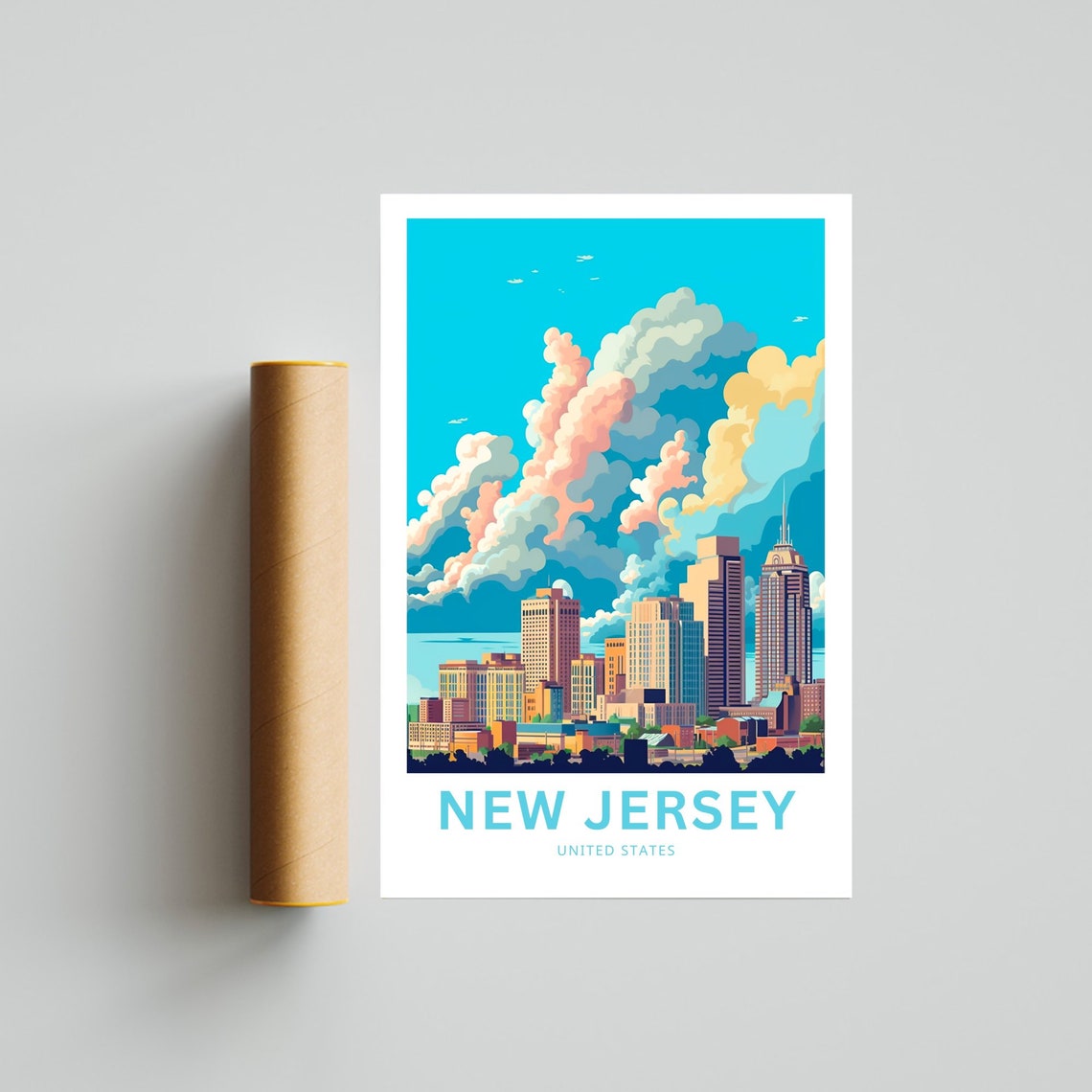 New Jersey United States Travel Poster City Skyline Dramatic Clouds - Image 4