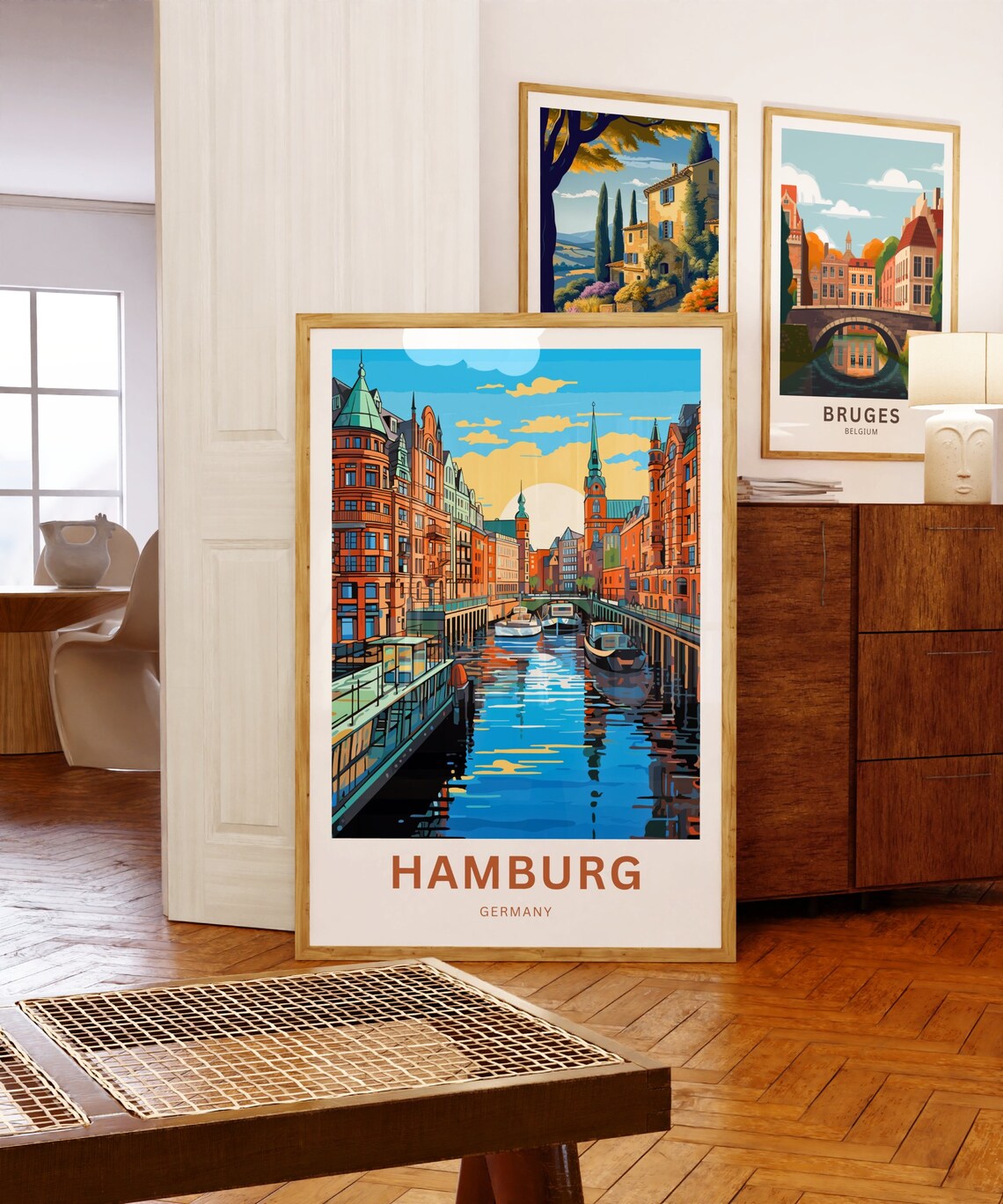 Hamburg Germany Canal Brick Warehouses Boats Sunset Travel Poster - Image 5