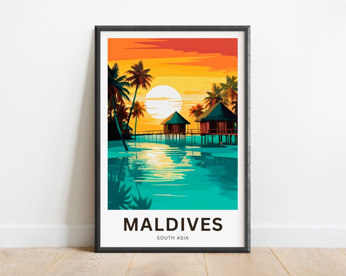 Maldives Tropical Sunset Overwater Huts Silhouette Travel Poster