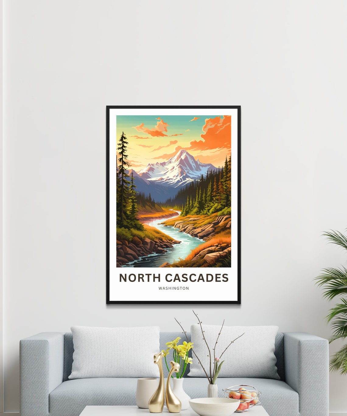 North Cascades Washington Sunset River Valley Retro Mountain Poster - Image 3