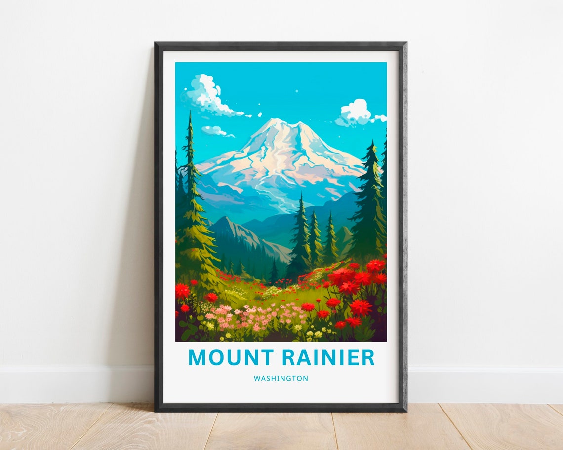 Mount Rainier Washington Snowcapped Peak Wildflower Meadow Poster
