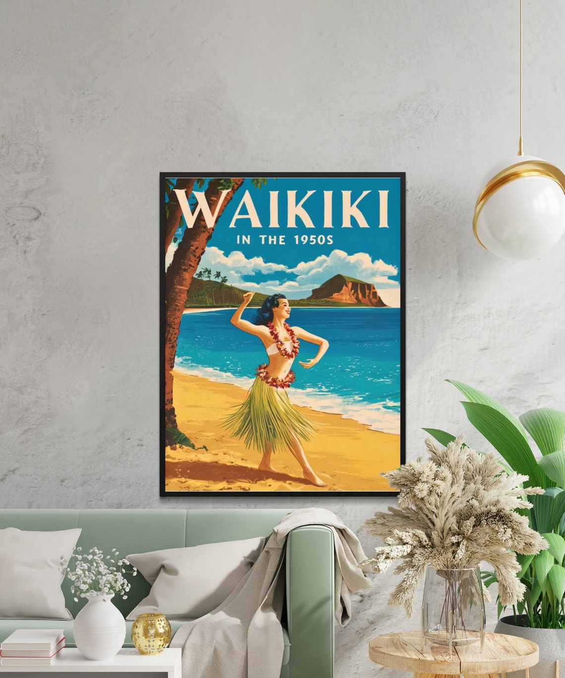 Waikiki in the 1950s Hula Dancer Retro Hawaii Beach Travel Poster - Image 2