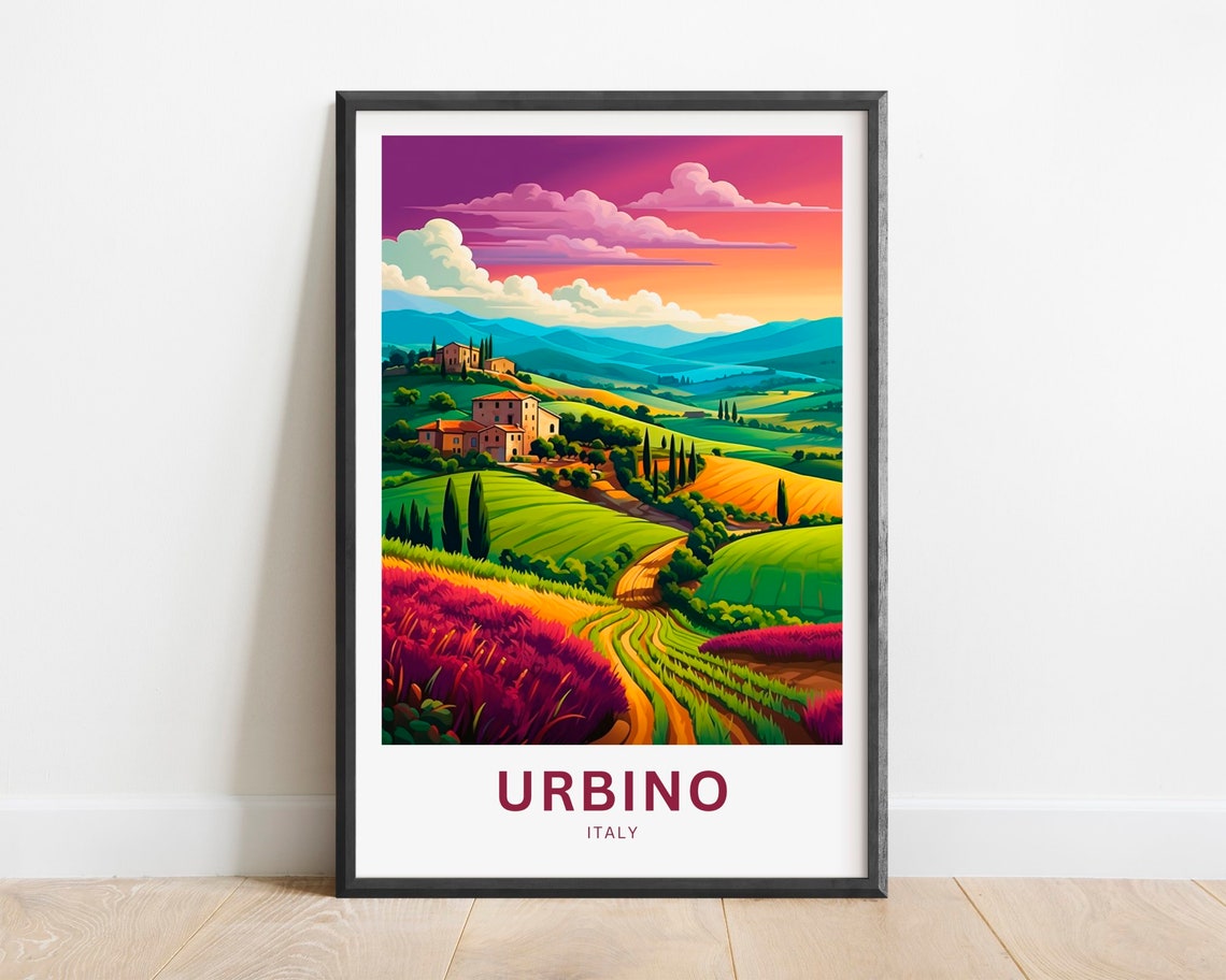Urbino Italy Rolling Hills Sunset Farmhouse Landscape Poster