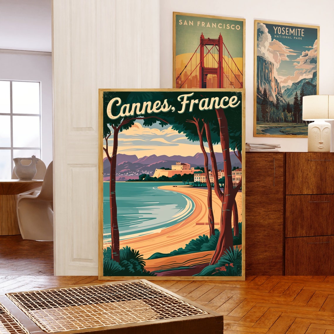 Cannes France Vintage Curved Beach Pine Trees French Riviera Poster - Image 5