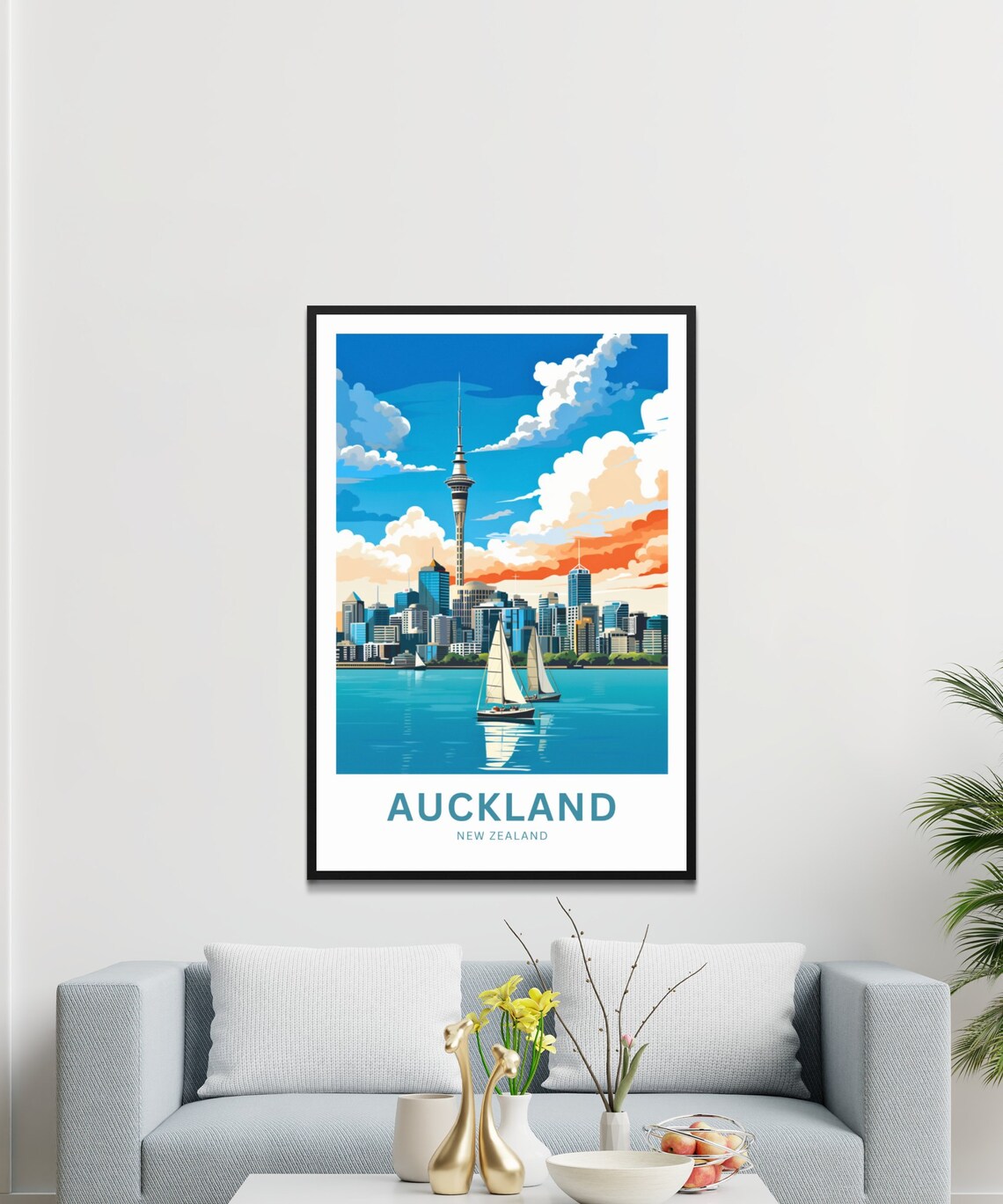 Auckland New Zealand Sky Tower Sunset Sailboat Scene Travel Poster - Image 3