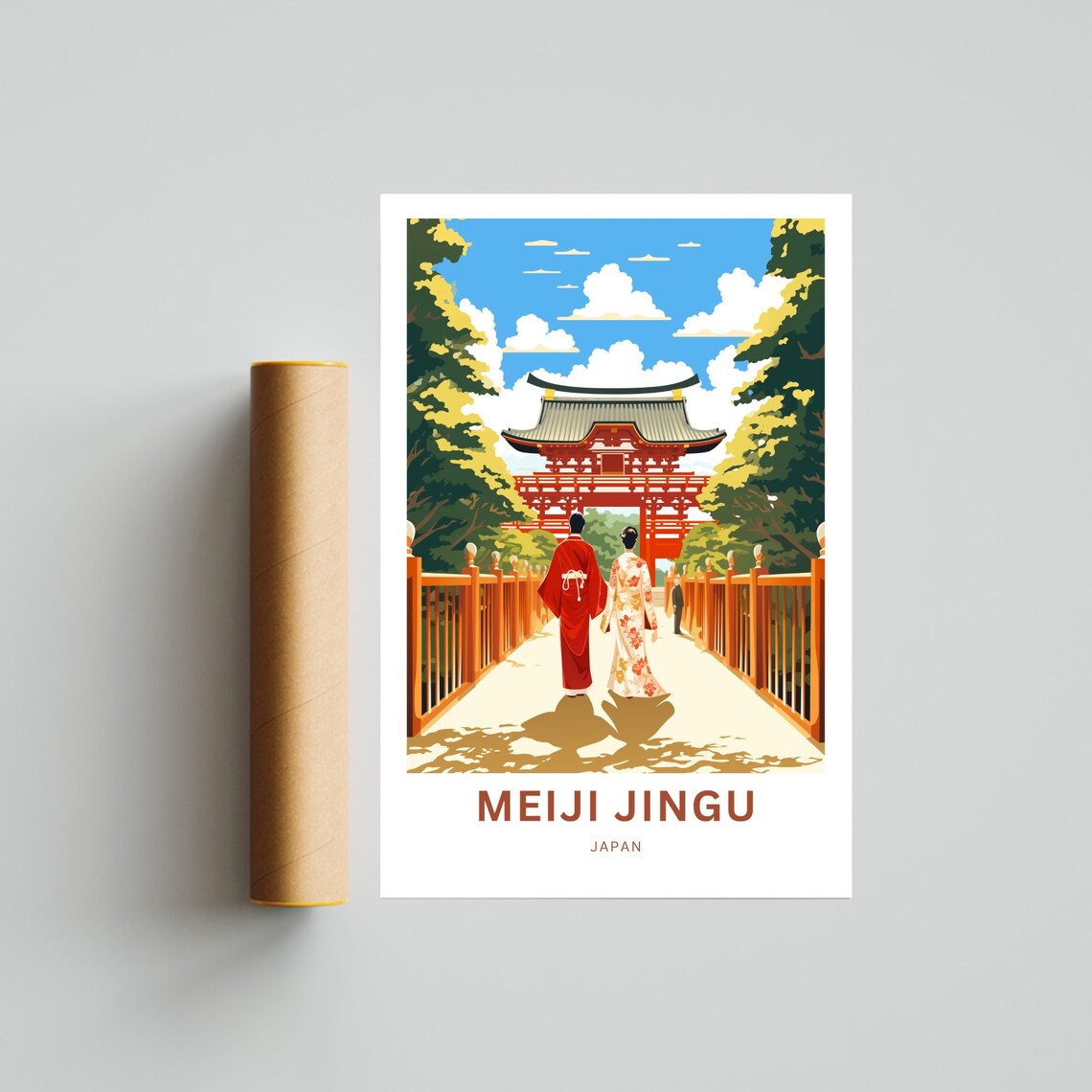 Meiji Jingu Japan Shinto Shrine Gate Couple Kimono Travel Poster - Image 4