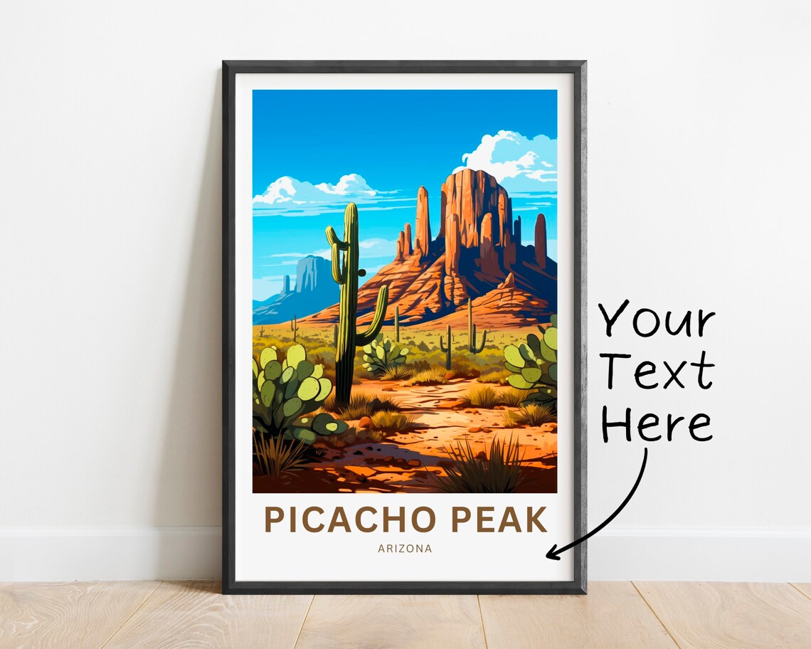 Picacho Peak Arizona Desert Saguaro Cactus Custom Art Travel Poster