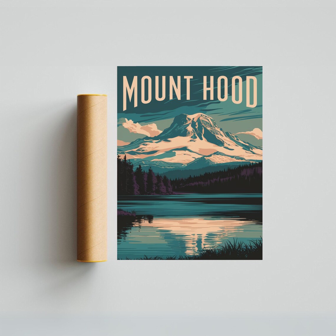 Mount Hood Vintage Poster with Teal Lake Reflection at Golden Hour - Image 3