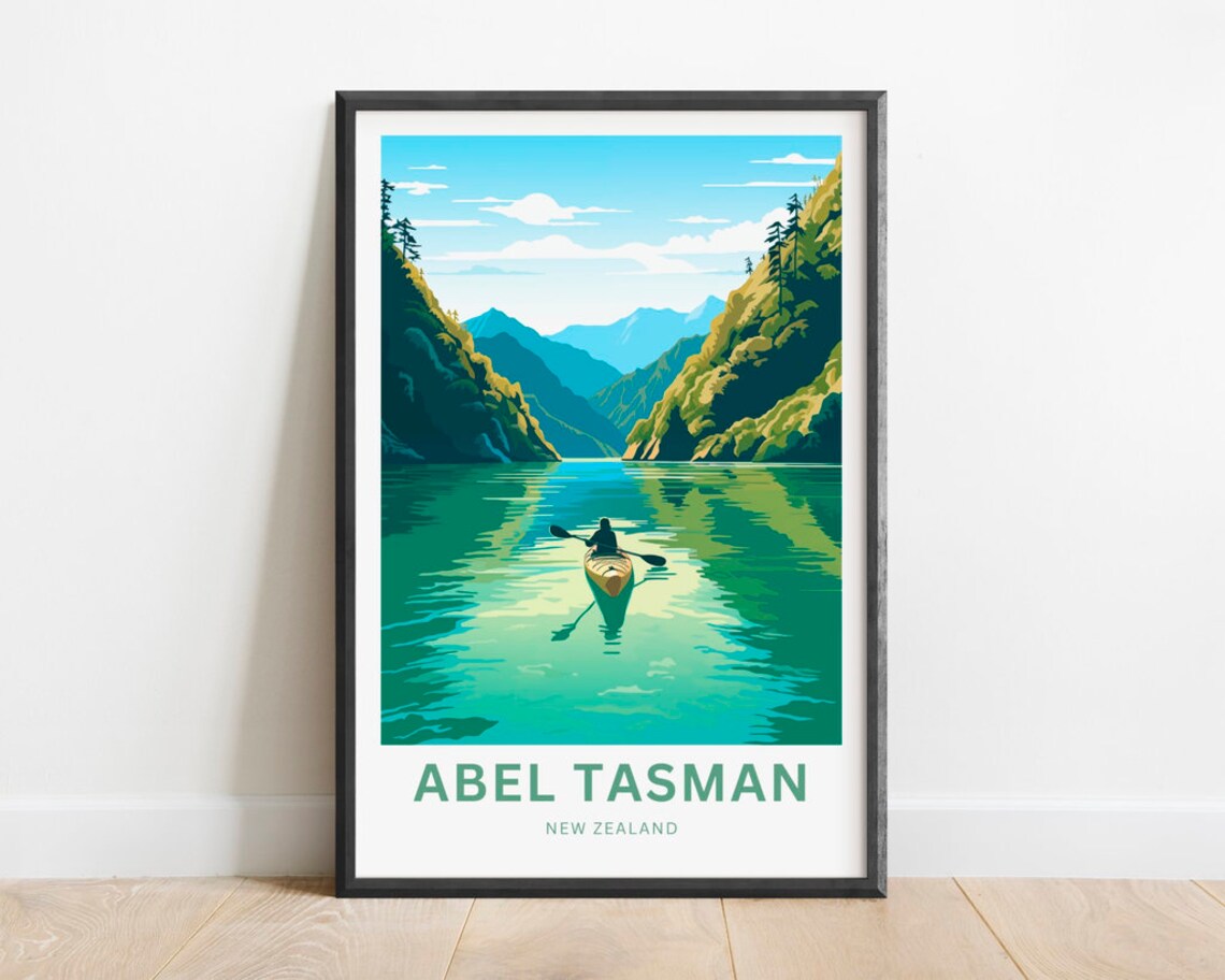 Abel Tasman New Zealand Mountain Inlet Kayaker Scenic Poster