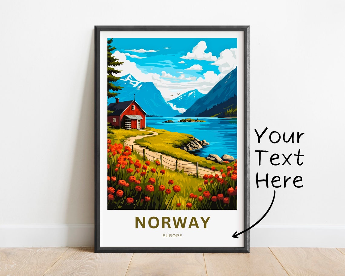 Personalized Norway Europe Travel Poster Lakeside Cabin Mountain View