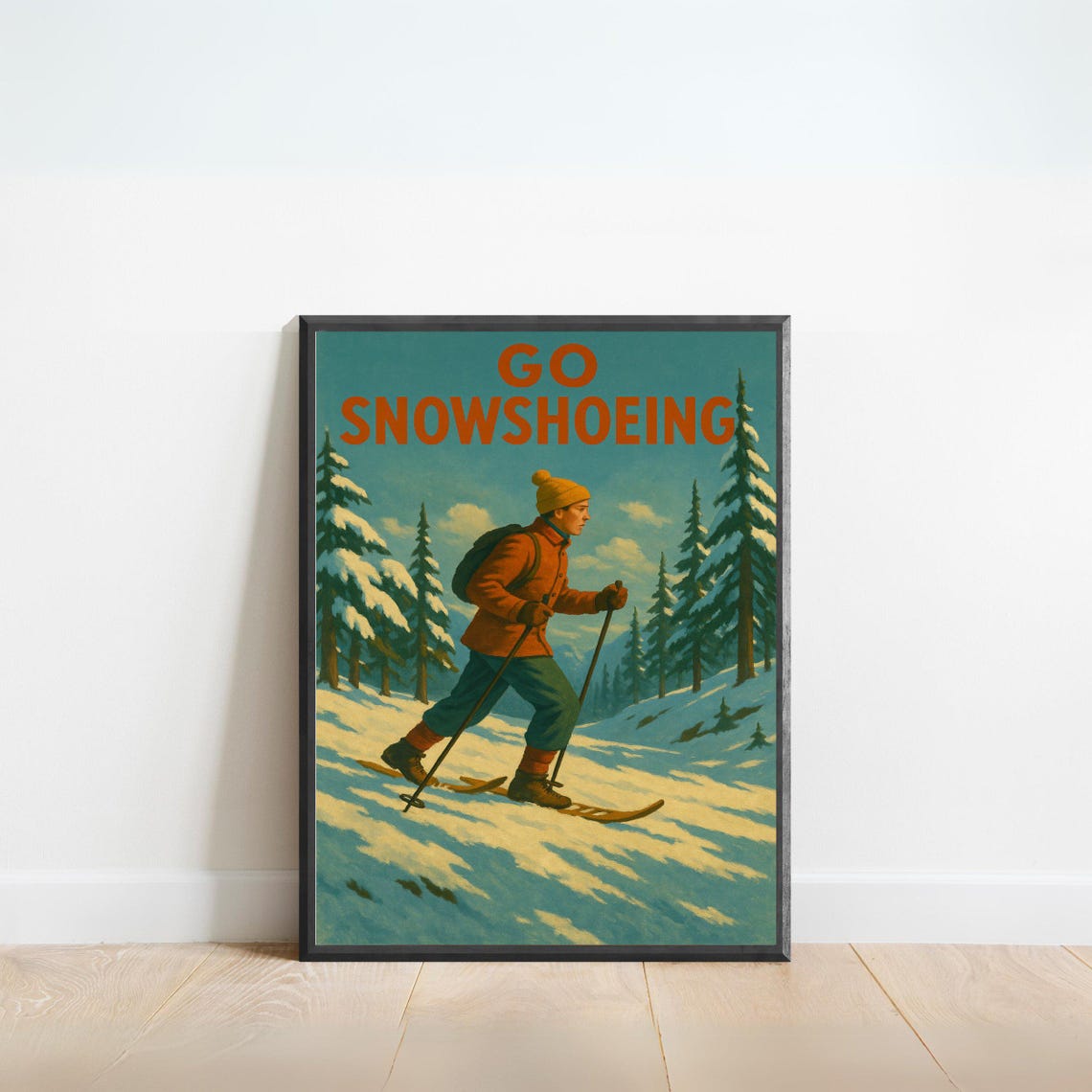 Go Snowshoeing Vintage Winter Adventure Poster Retro Cabin Wall Decor