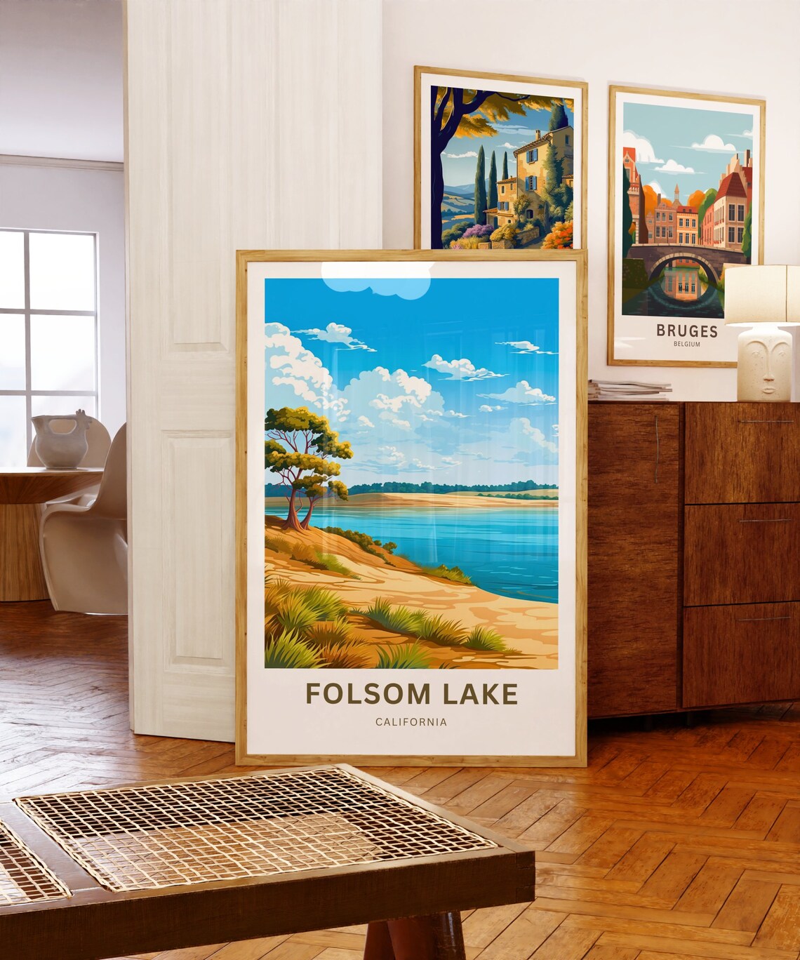 Folsom Lake California Curved Beach and Pine Trees Scene Poster - Image 5