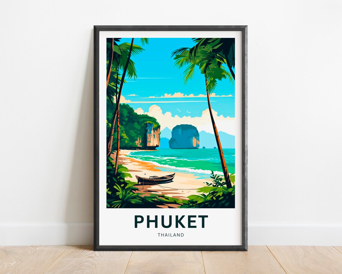 Phuket Thailand Palm Fringed Beach Wooden Boat Travel Poster