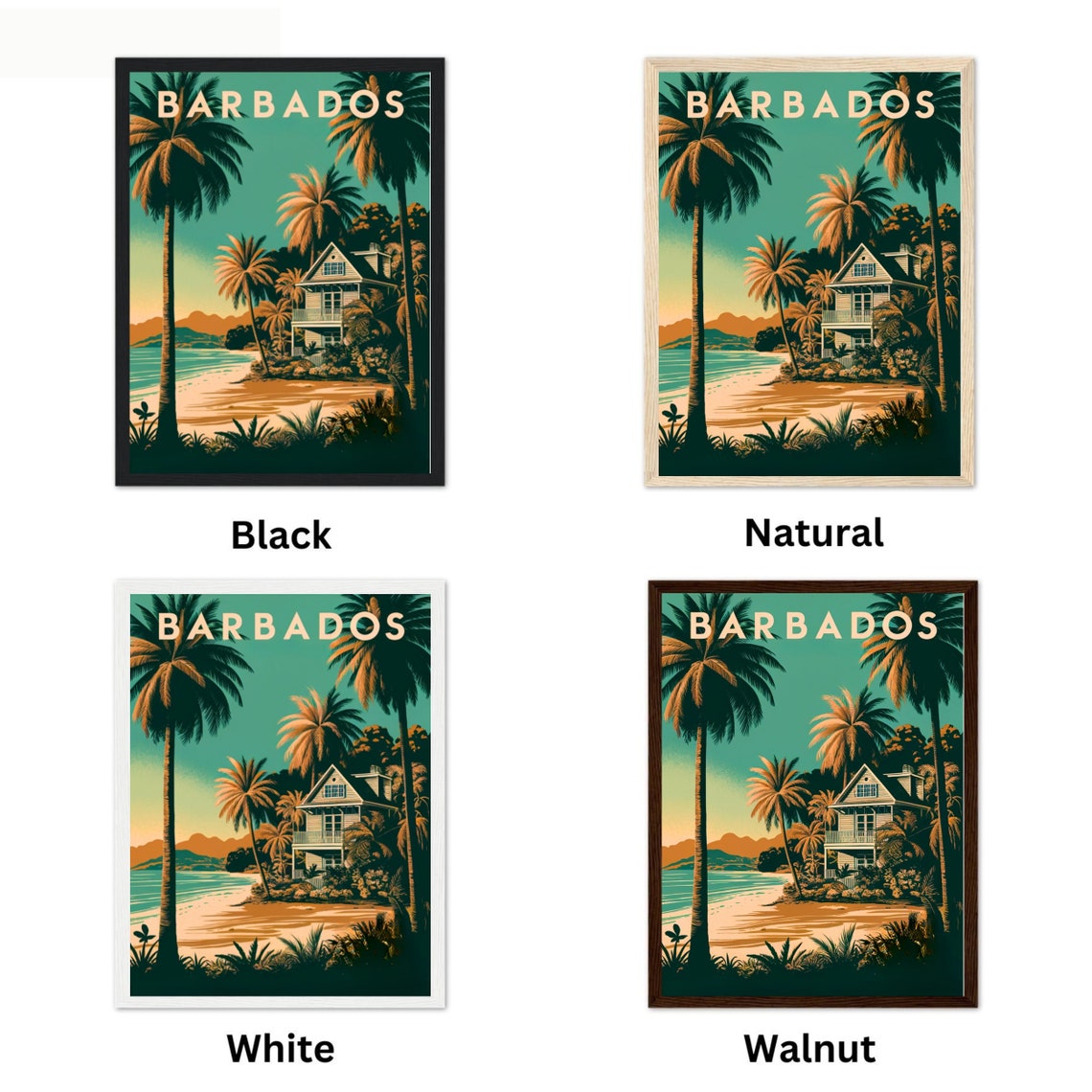 Barbados Retro Beach Cottage Palm Trees Emerald Travel Poster - Image 4