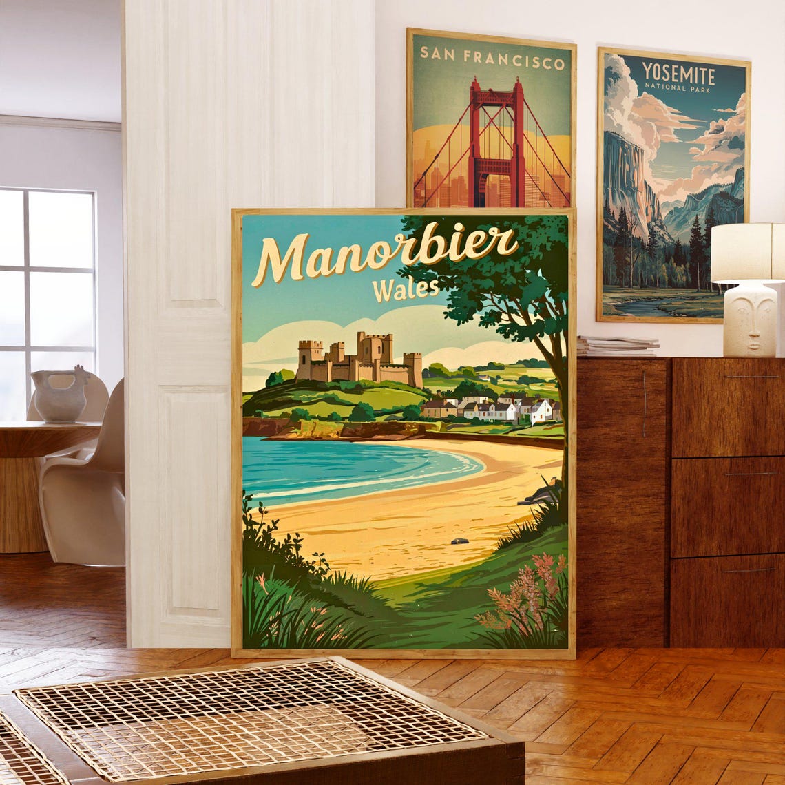 Manorbier Wales Vintage Castle Hill Beach Retro Travel Poster - Image 5